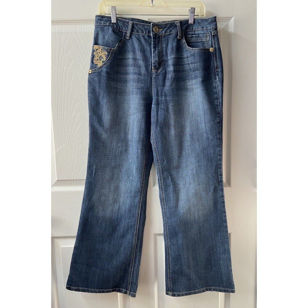 Baccini Embroidered Jeans Womens Petite Size 12P Blue Bootcut 5 Pocket Stretch